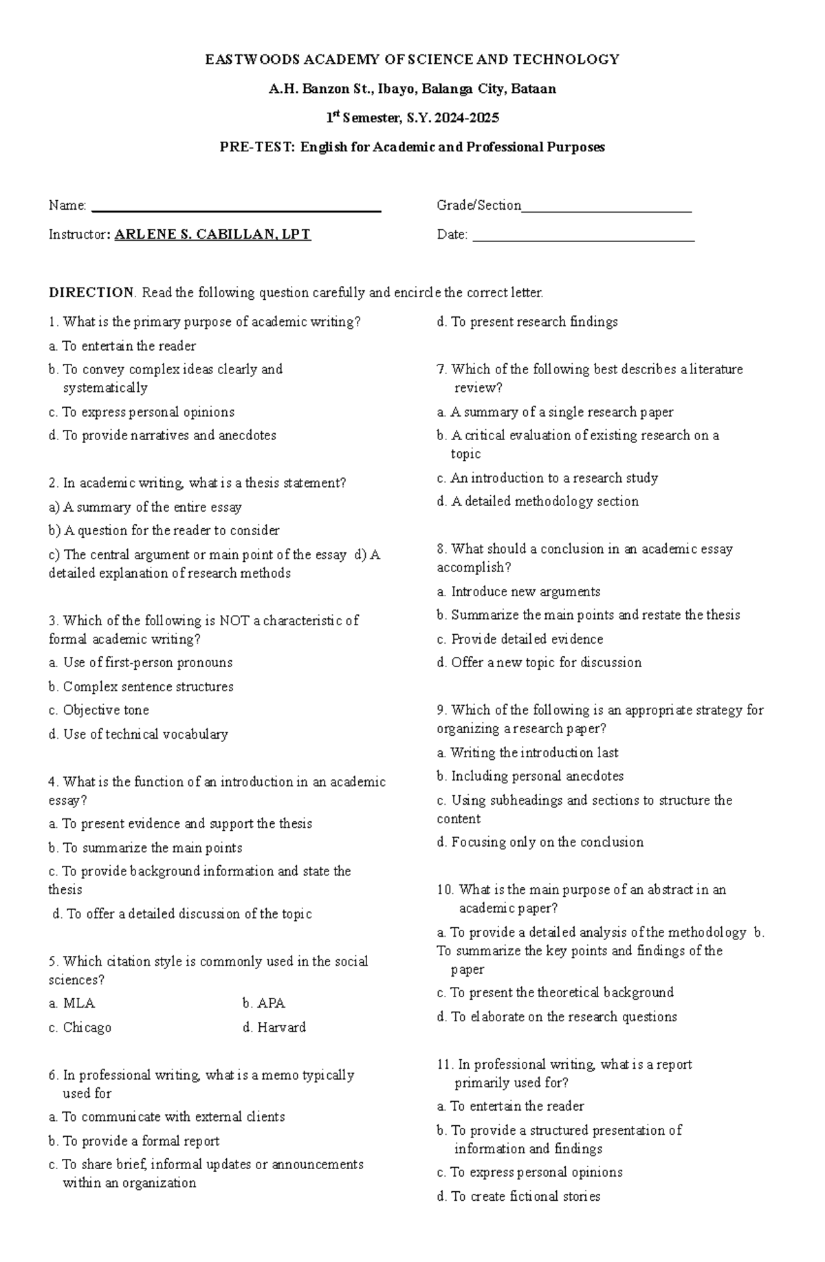 Pre-Test for EAPP: English for Academic & Professional Purposes - Studocu
