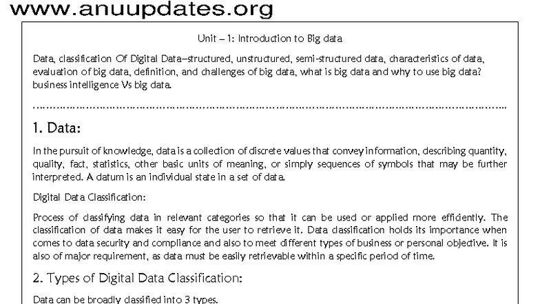 B.Com(CA) BDA Unit 1: Intro to Big Data & Data Classification - Studocu