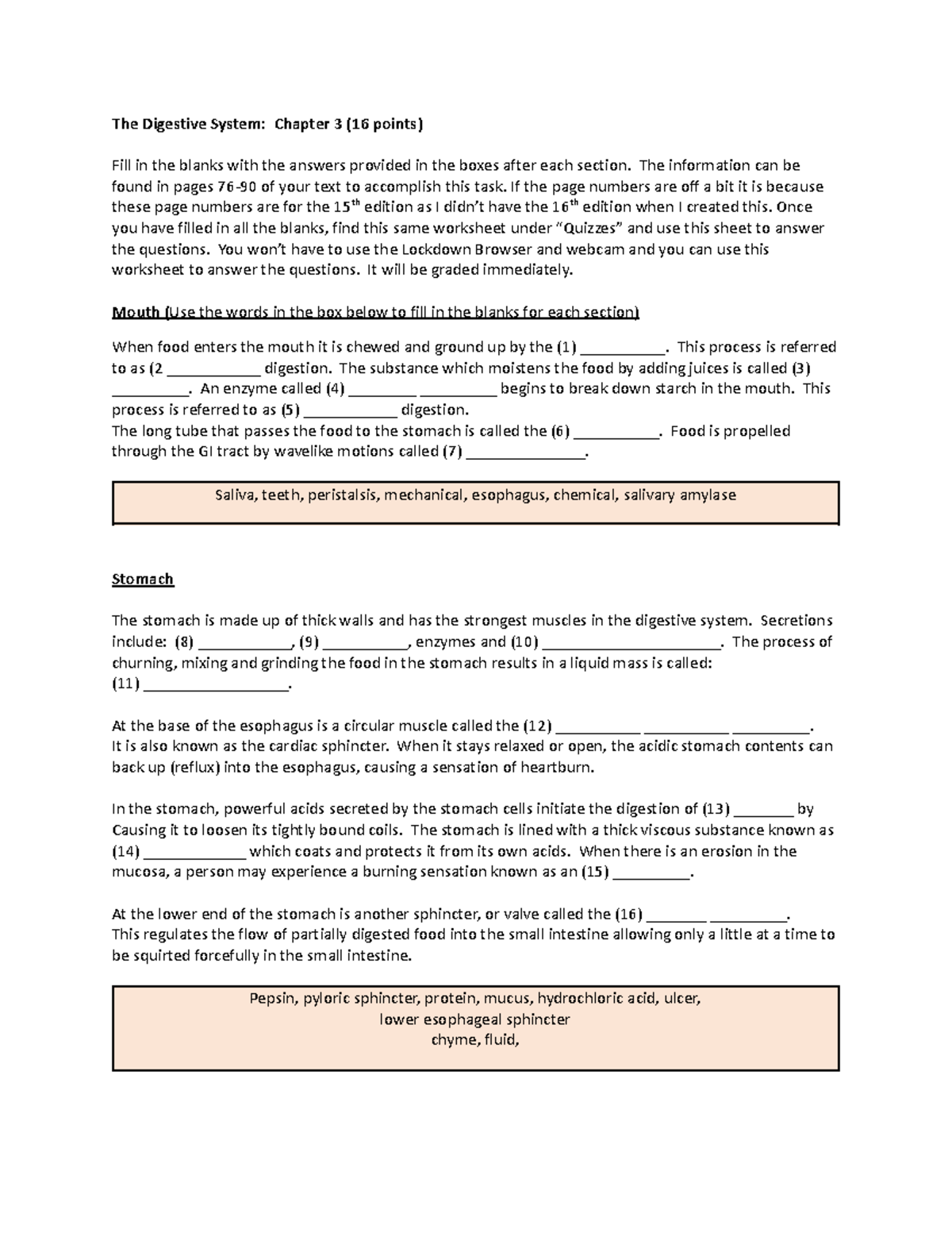 Digestive System Worksheet - Chapter 3 Review (16 points) - Studocu