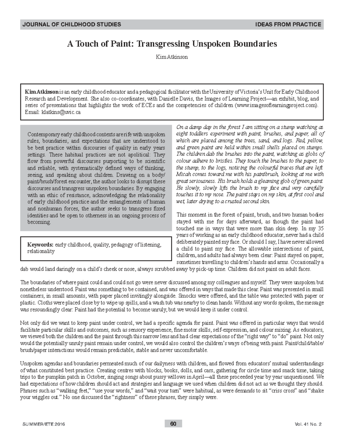 JOURNAL OF CHILDHOOD STUDIES: Transgressing Boundaries in ECE Practice ...