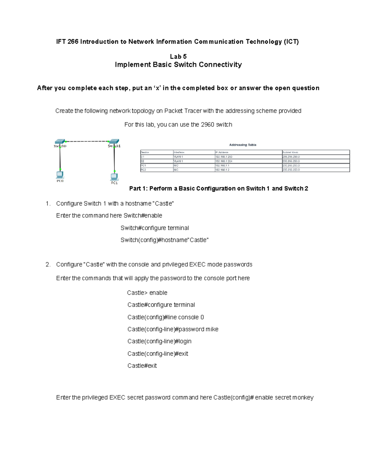 Lab 5 (Implement Basic Switch Connectivity) - IFT 266 Introduction to ...