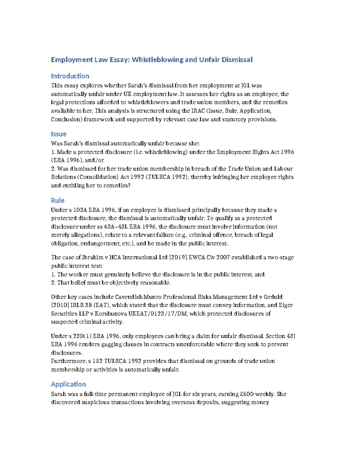 Employment Law Essay: Whistleblowing & Unfair Dismissal Analysis - Studocu