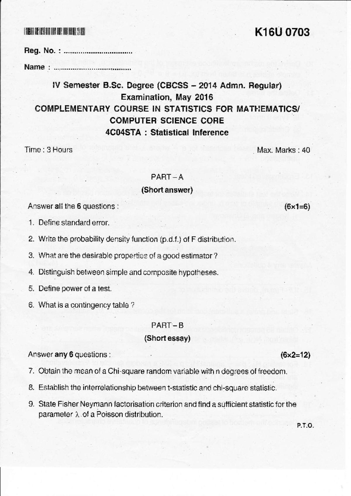 Statistical Inference Exam Papers: B.Sc. Degree (4C04STA) - Studocu