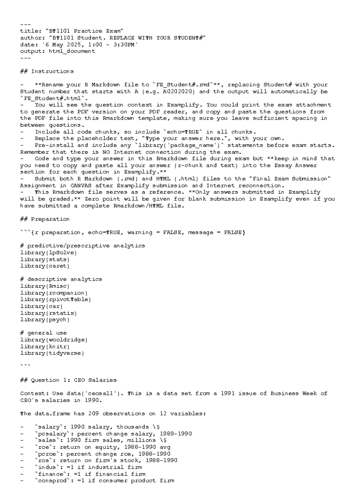 Final Exam R Markdown Template for Data Analytics (Course Code: DATA101 ...