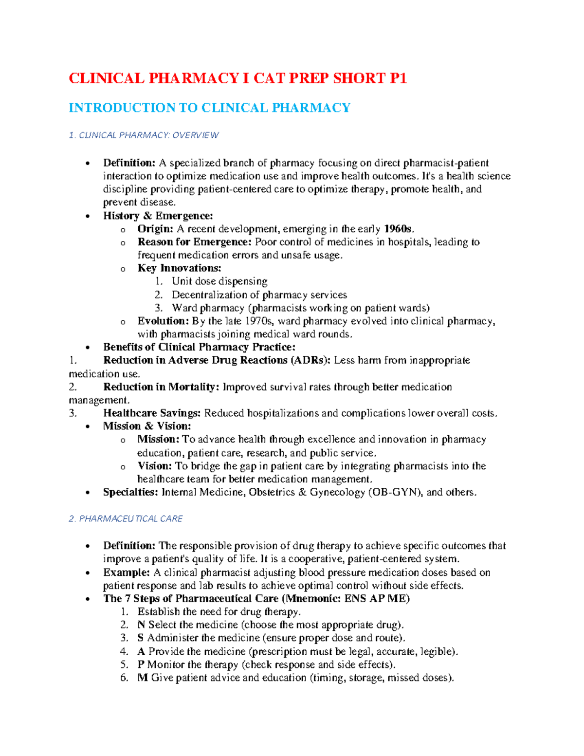 CLPH CAT PREP Short P1: Introduction to Clinical Pharmacy Overview ...