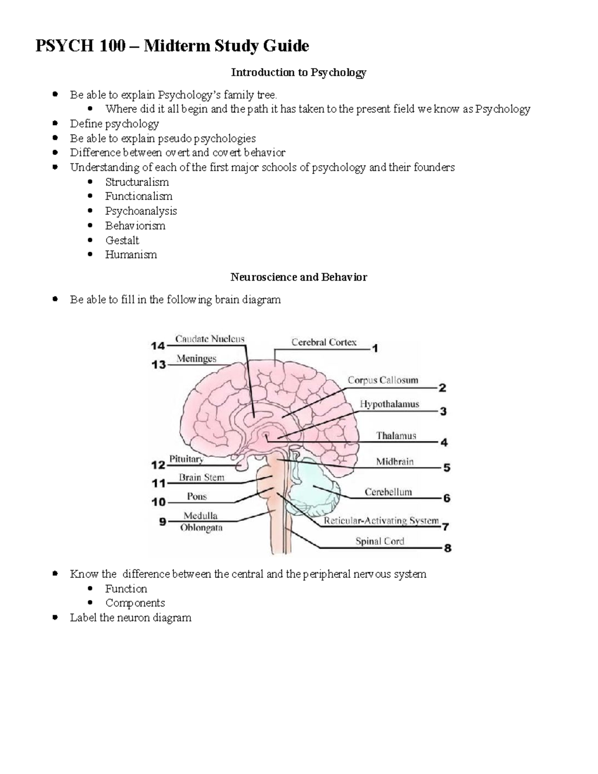 Midterm Study Guide for PSYCH 100: Key Concepts & Theories - Studocu