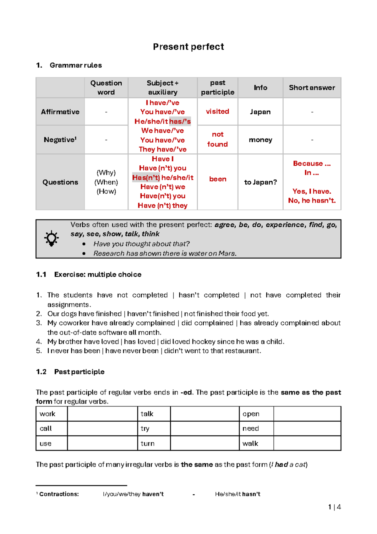 Present Perfect Grammar Rules and Exercises (ENG 101) - Studocu