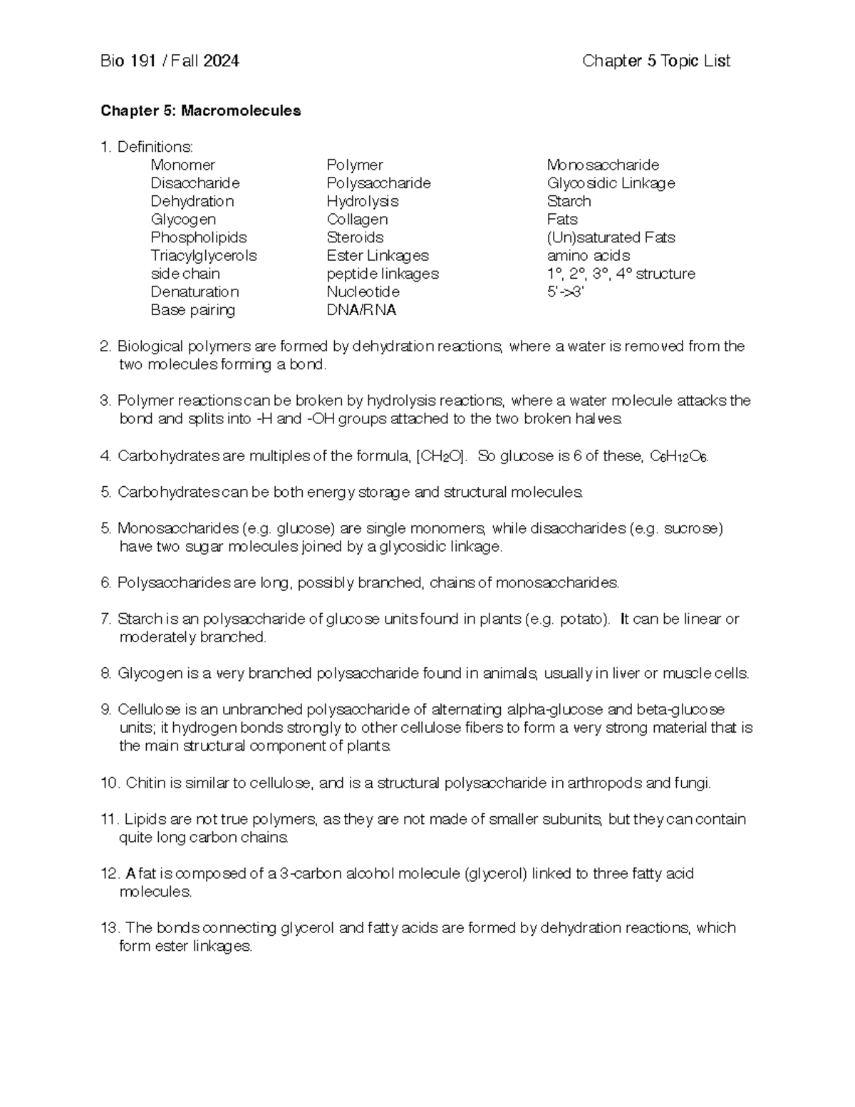 Bio 191 / Fall 2024: Overview of Chapter 5 - Macromolecules and Their ...