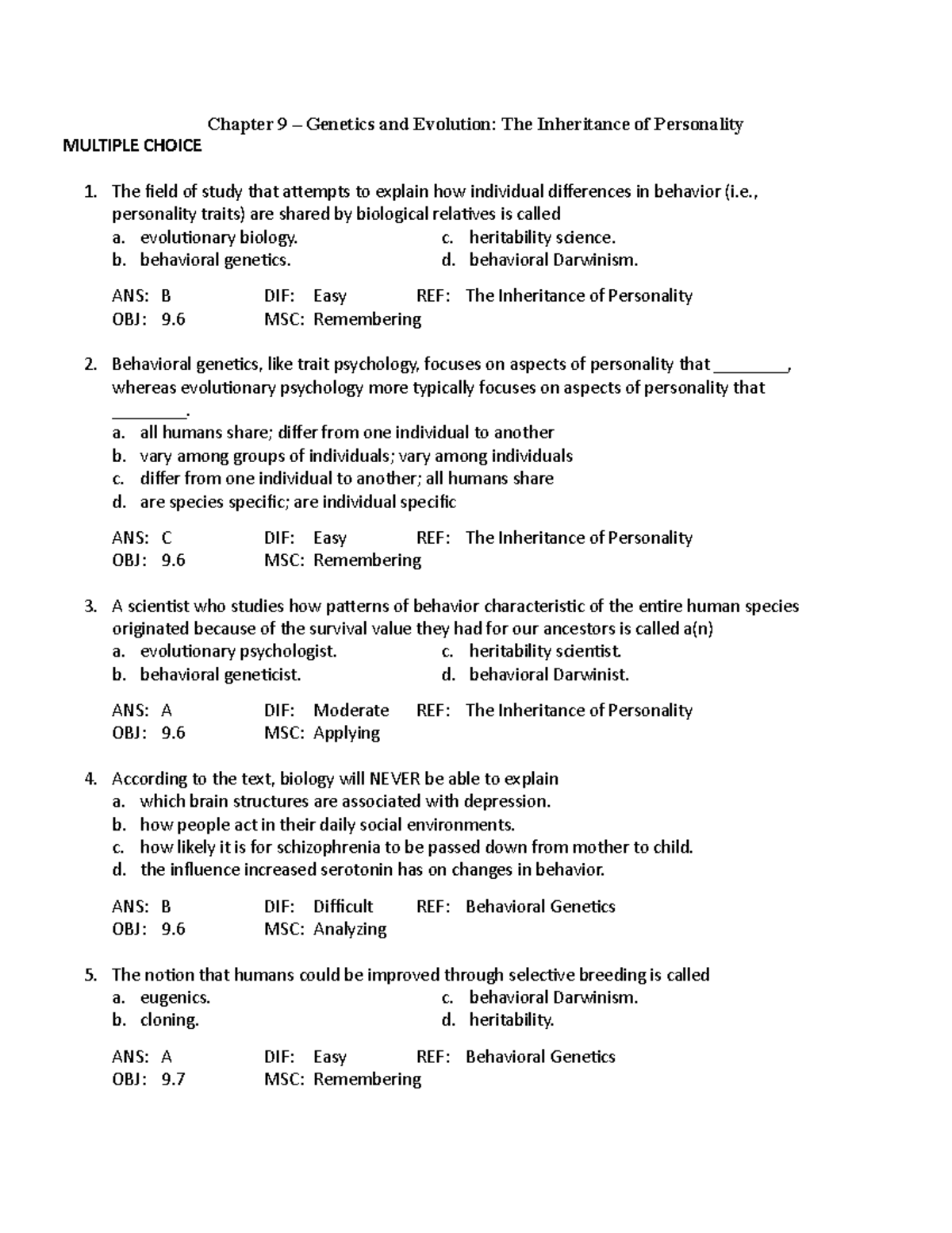 Chapter 9 - Genetics and Evolution: Understanding Personality ...