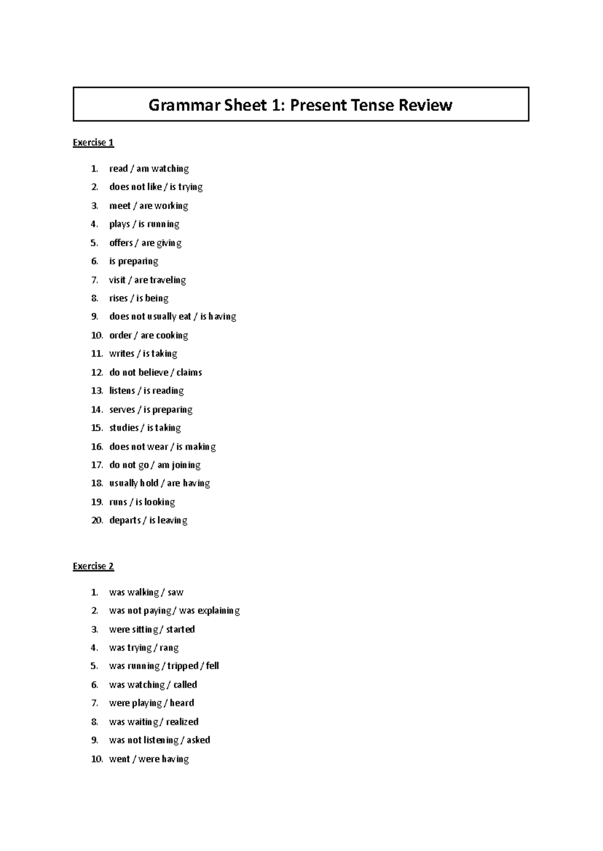 Extra Grammar Handout V4: Present & Perfect Tense Exercises for TERM 4 ...