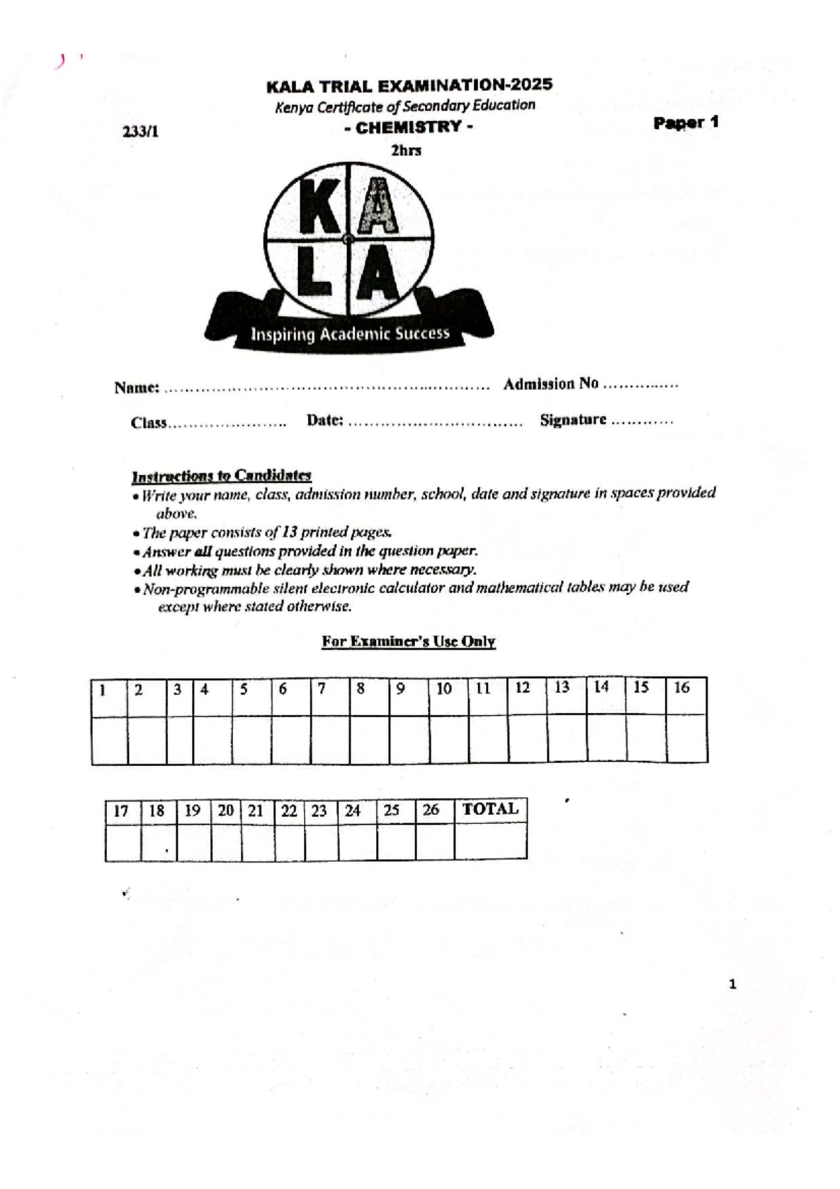 Chemistry Paper 1 Marking Scheme - KALA 2025 - Studocu