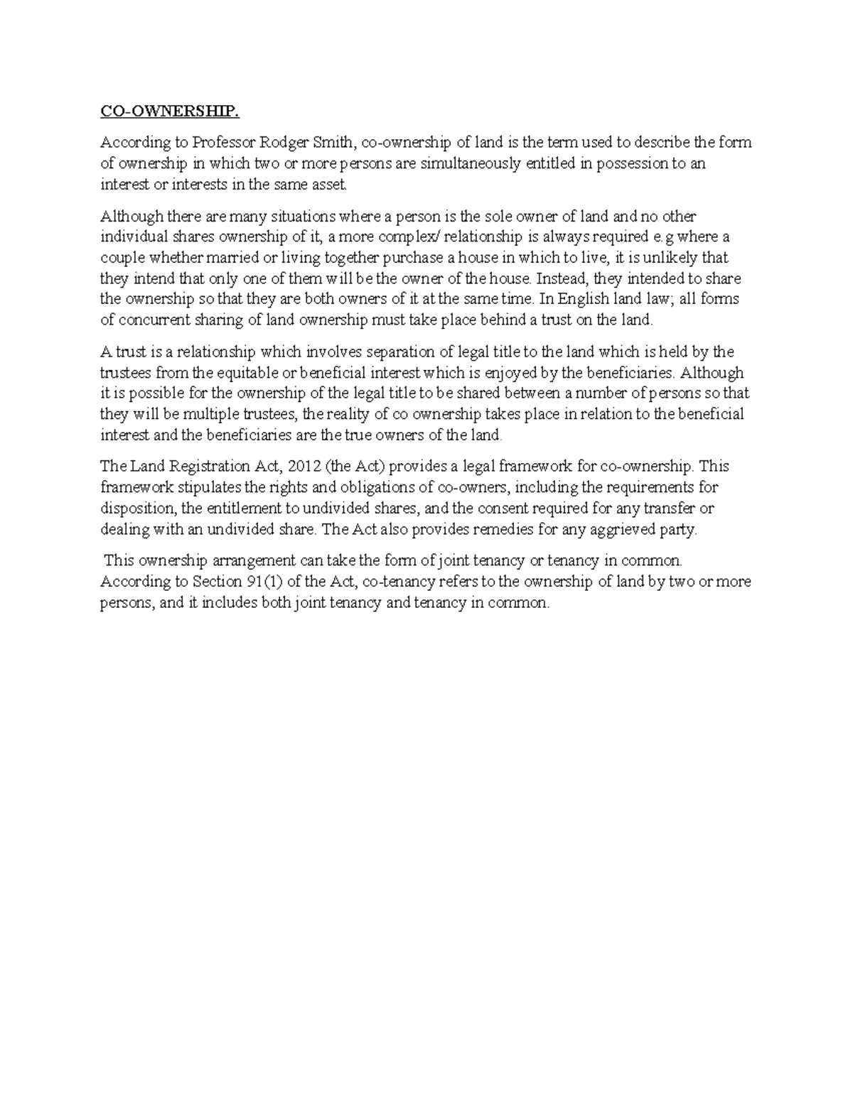 Co-Ownership of Property: Legal Framework and Concepts - Studocu