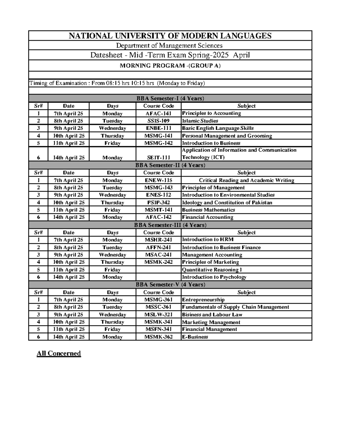 1742182396 BBA Mid Term Date Sheet Spring 2025 - Sr# Date Days Course ...