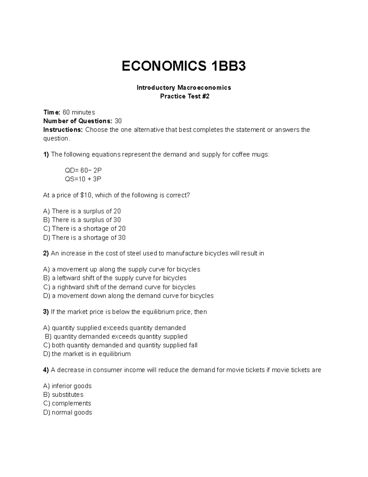 ECONOMICS 1BB3 Practice Test #2: Key Concepts and Questions - Studocu