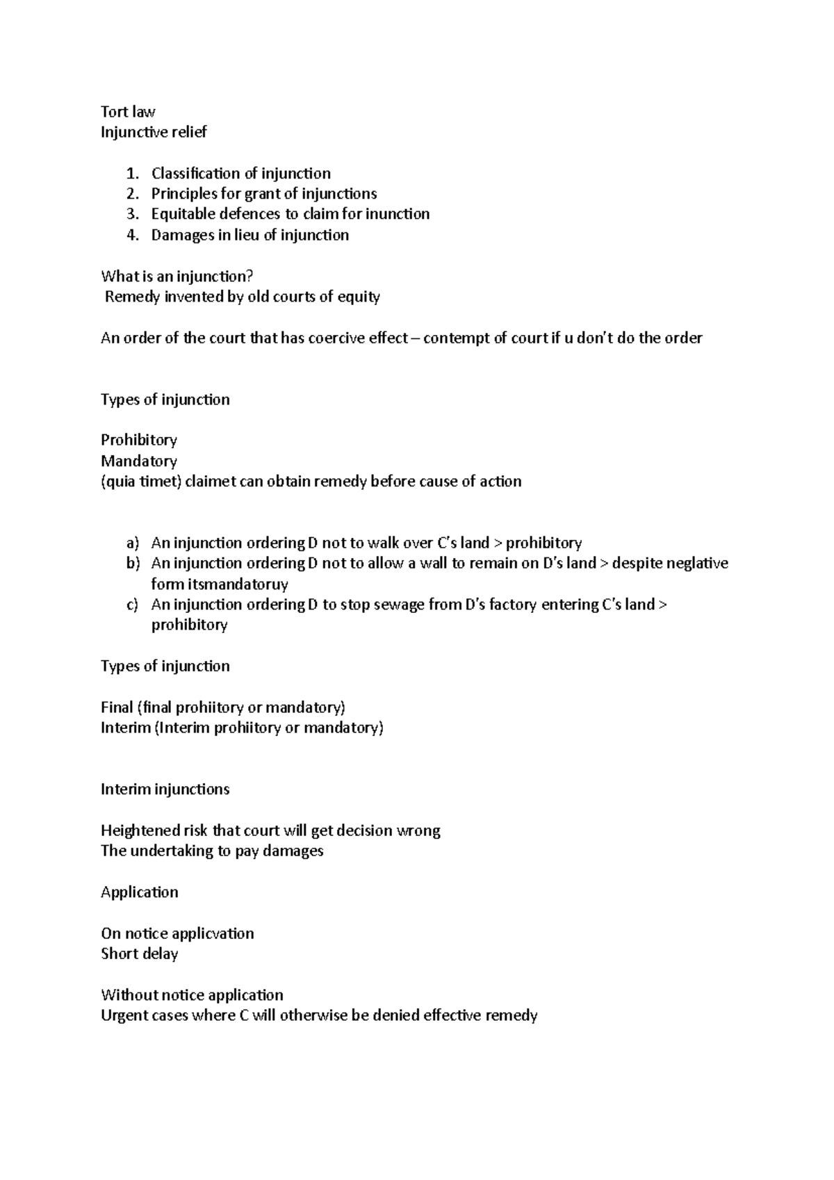 Tort law ...... - Tort law Injunctive relief Classification of ...