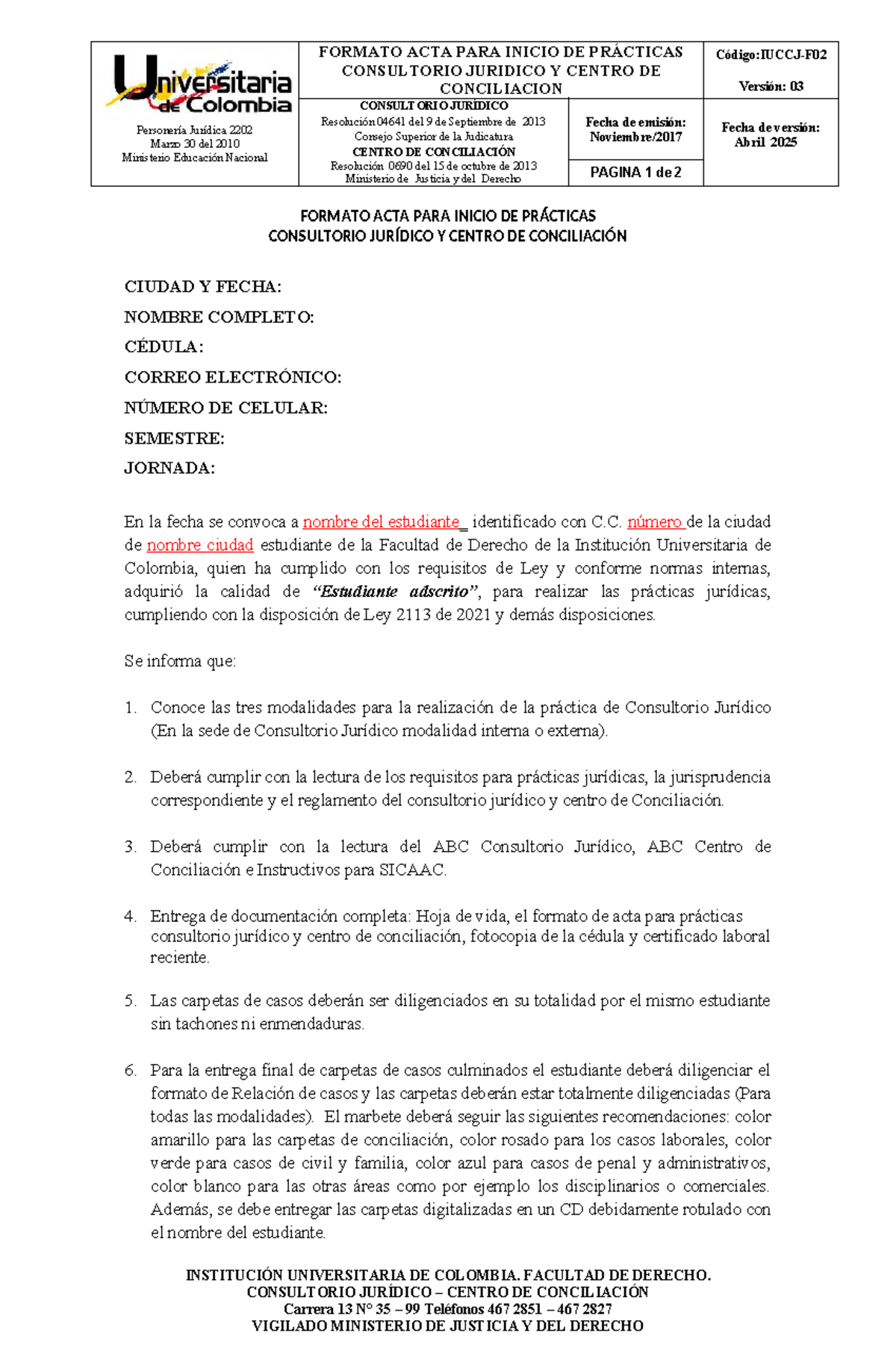 Formato Acta para Inicio de Prácticas - IUCCJ-F Version 03 - Studocu