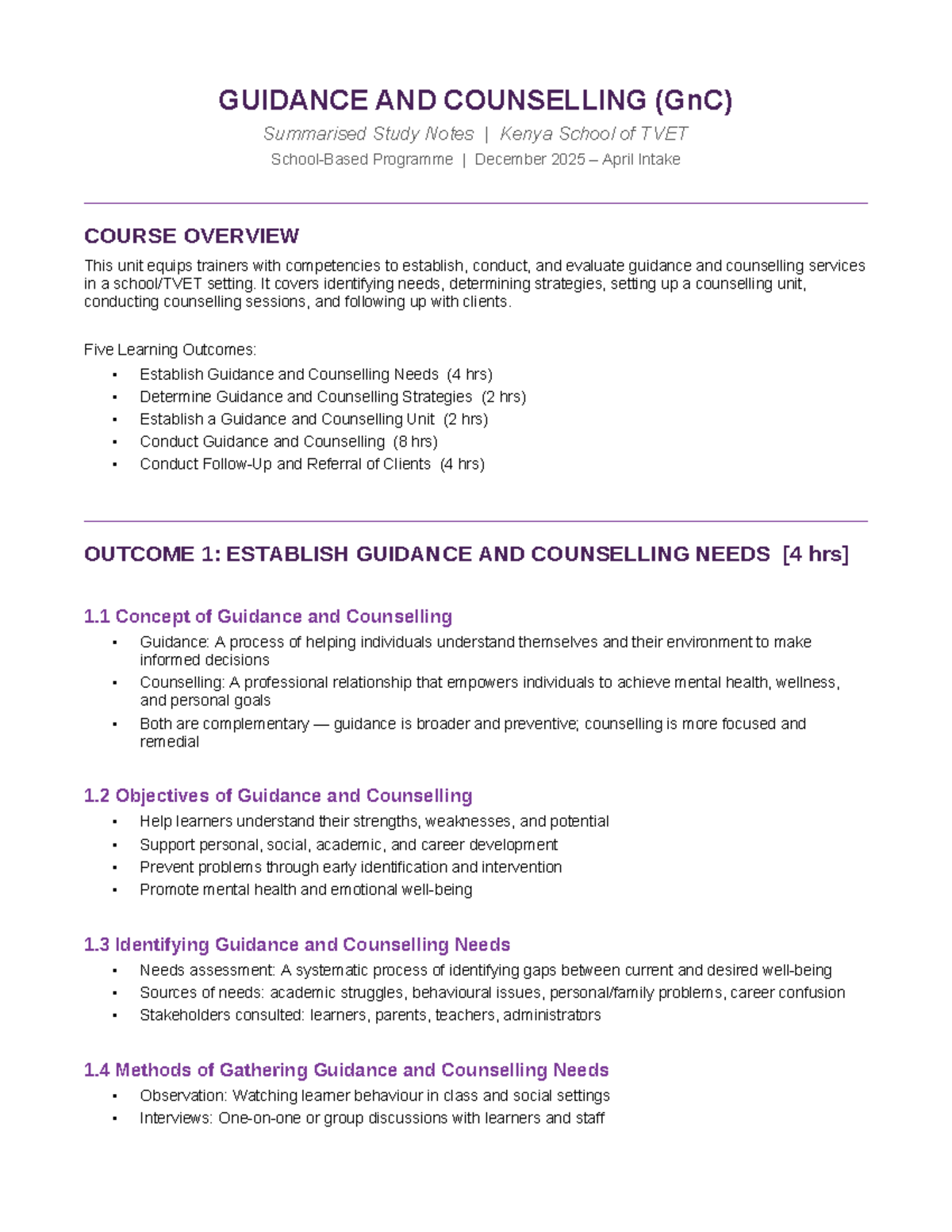 GnC Summarised Study Notes: Guidance & Counselling Overview for 2025 ...