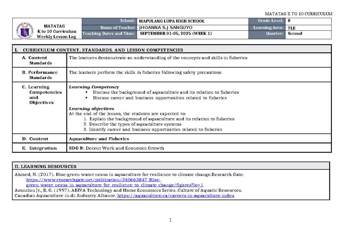 DLL Matatag TLE 8 Q2 W1 - Aquaculture and Fisheries Lesson Plan - Studocu