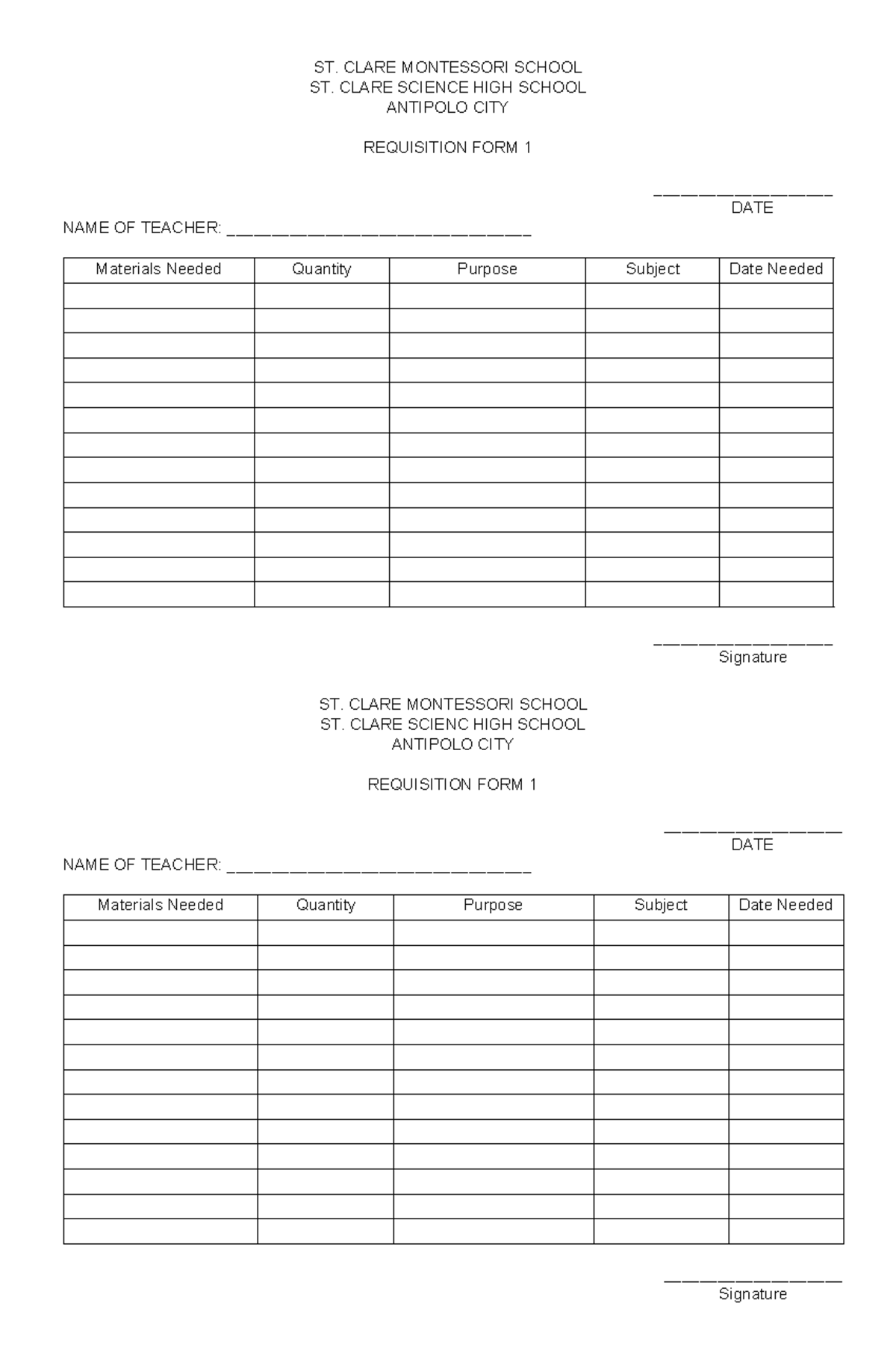Requisition-Form-1 - Lecture notes - ST. CLARE MONTESSORI SCHOOL ST ...