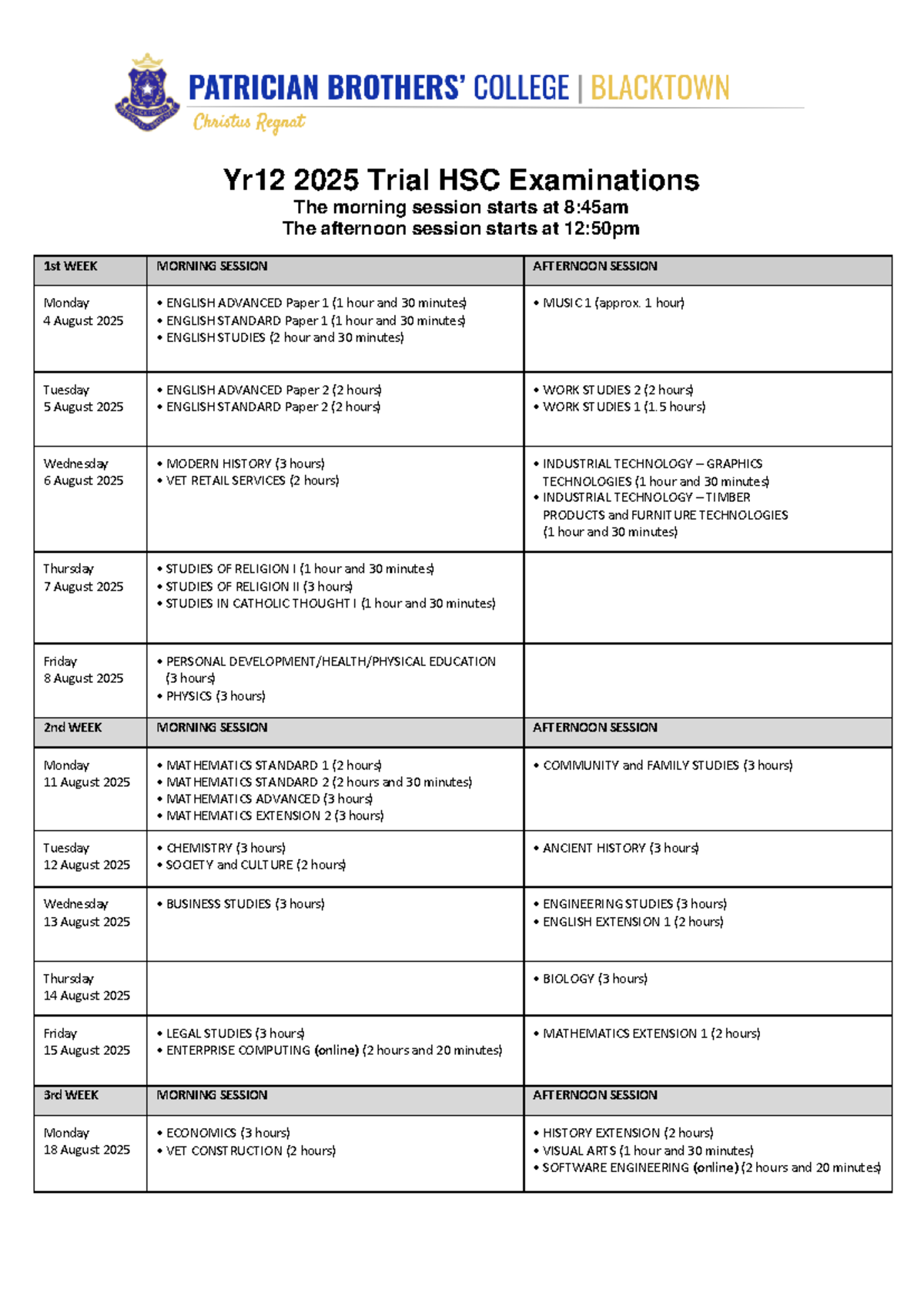 Yr12 2025 Trial HSC Exam Timetable: Morning & Afternoon Sessions - Studocu