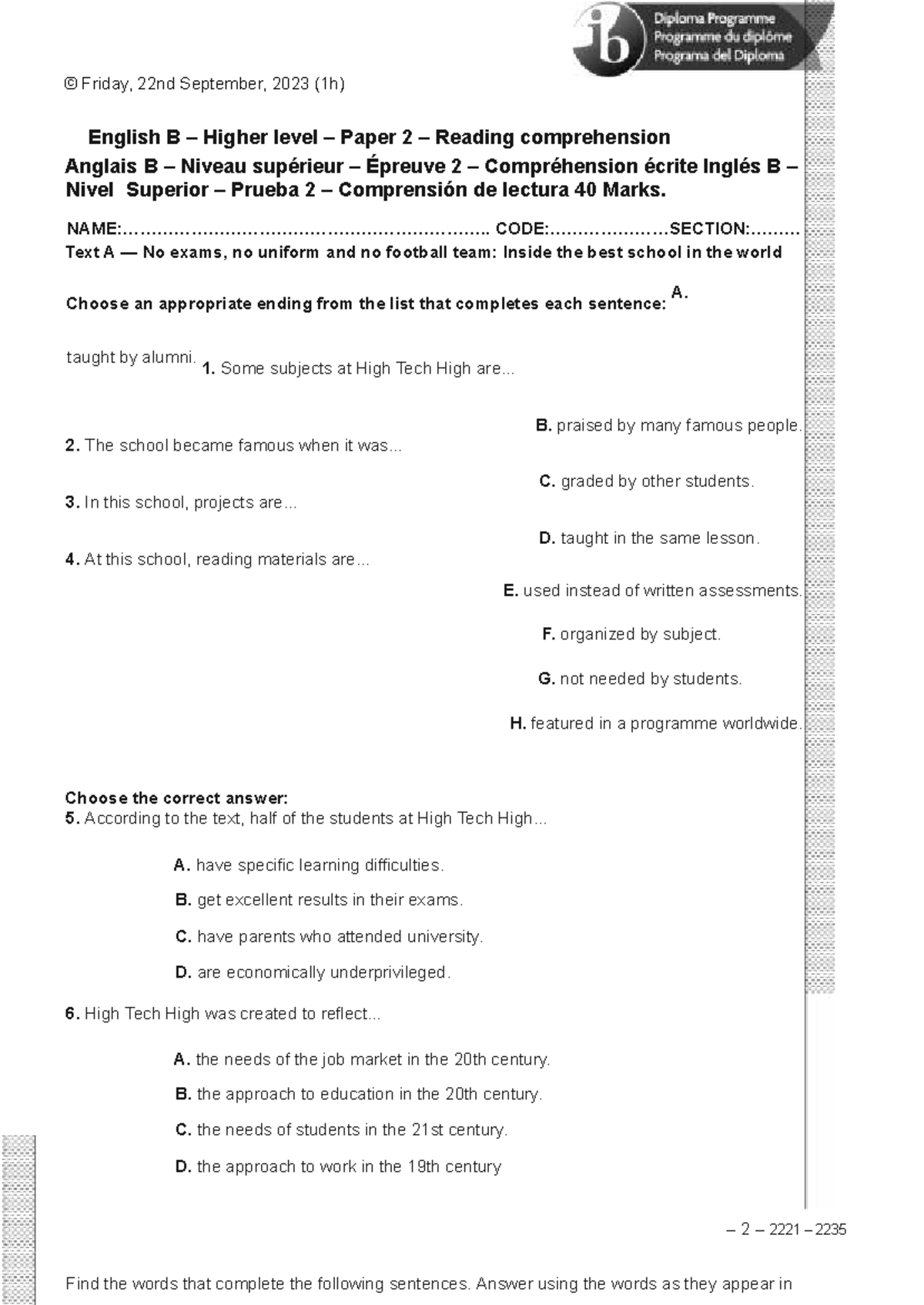English B HL Paper 2 Reading Comprehension Question Booklet - Studocu