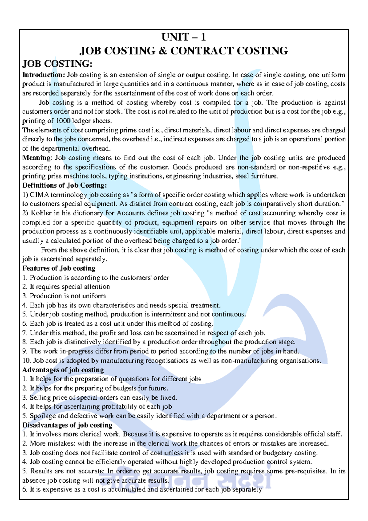 UNIT 1 Job and Contract Costing: Overview and Key Concepts - Studocu