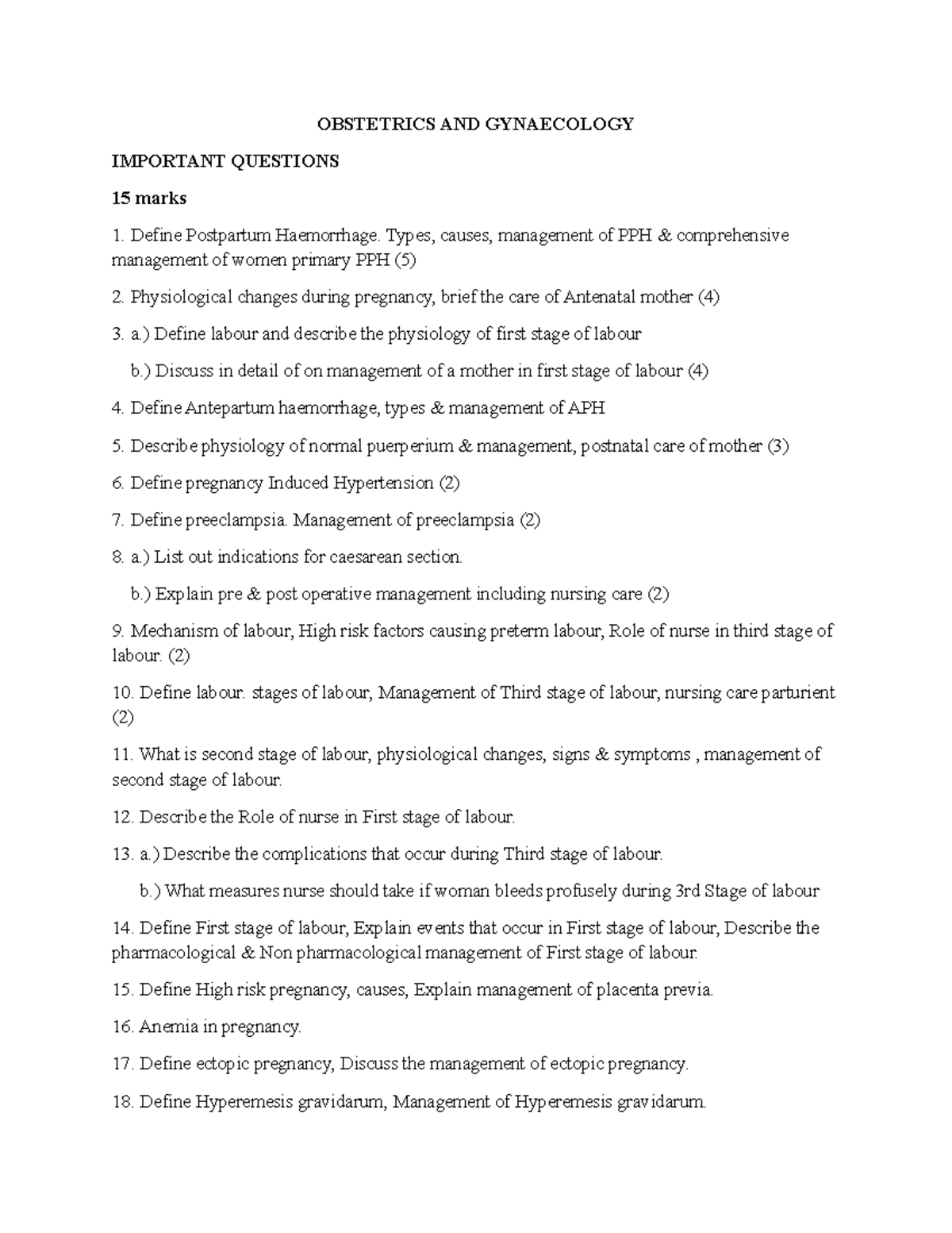 OBG 2: Important Questions for Obstetrics & Gynaecology Exam - Studocu