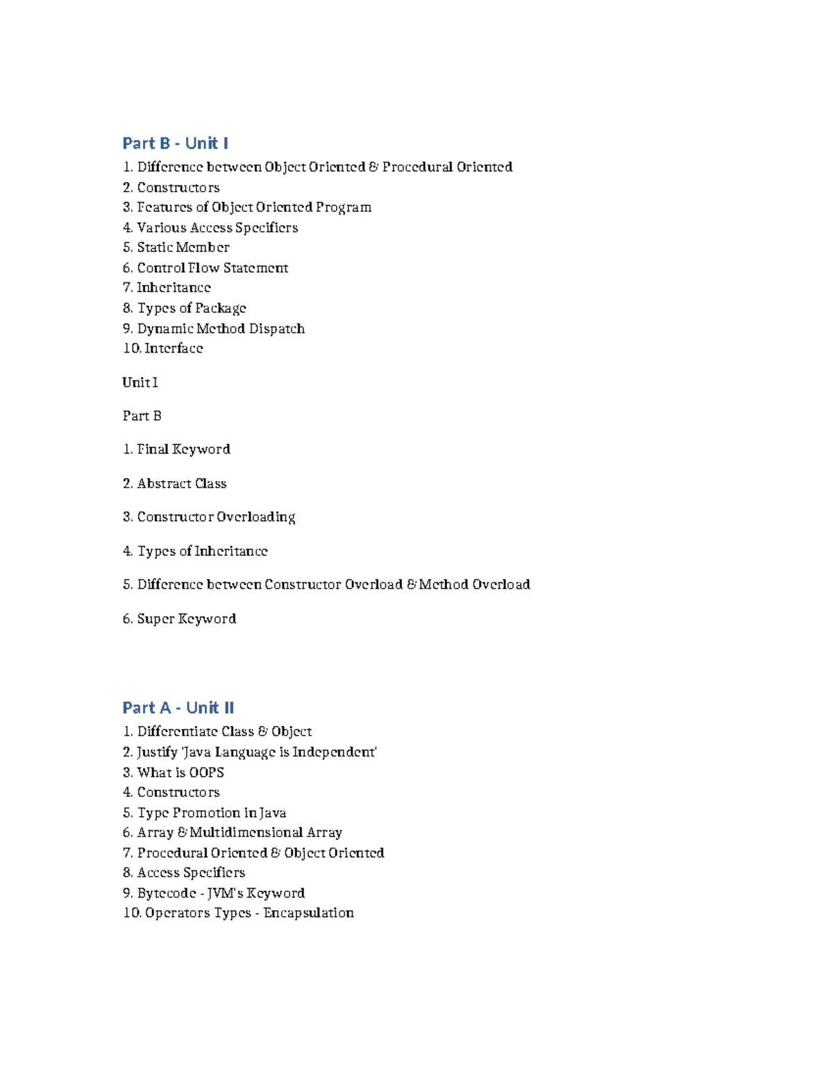 Java Questions - Unit I & II Question Bank - Studocu