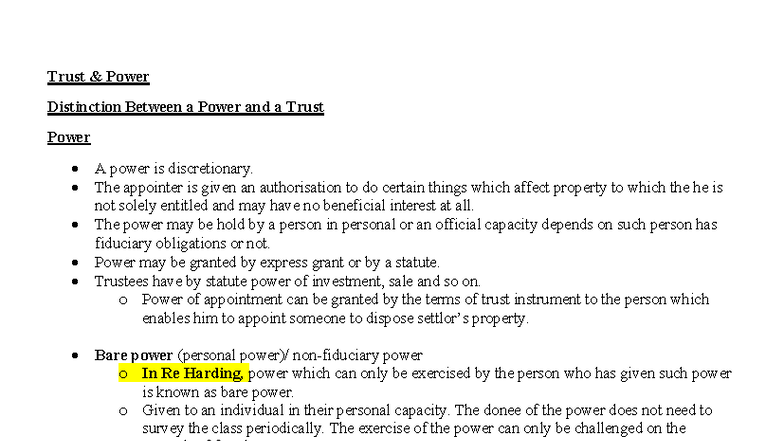 Trust Power: Distinctions Between Powers and Trusts in Law - Studocu