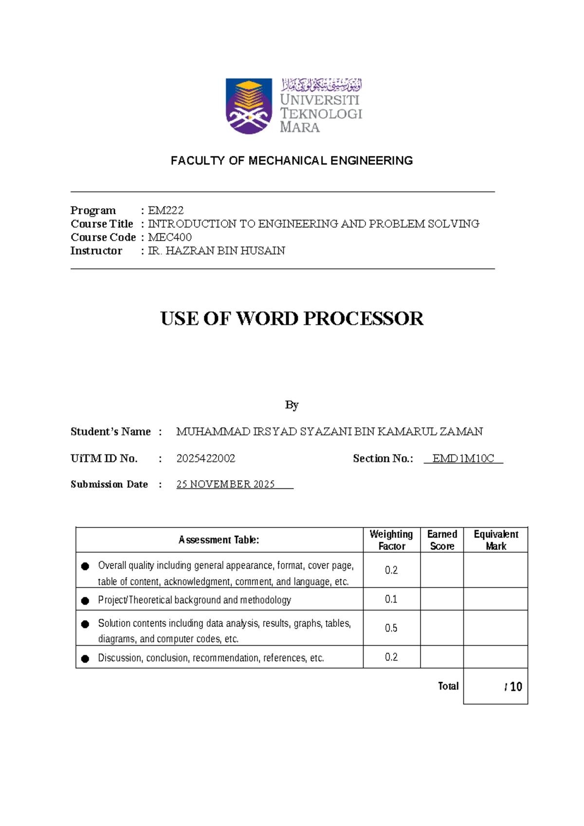 Lab Work 2: Using Word Processor for Engineering Documentation (MEC400 ...