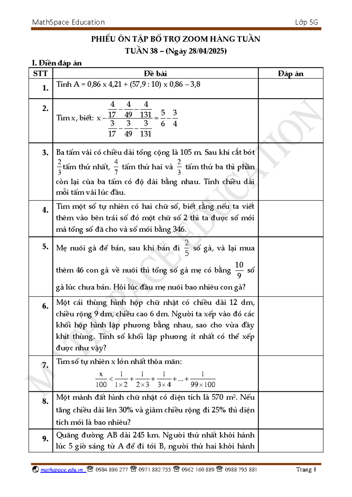 BTZ Lớp 5G Tuần 38 (28.04.2025) - MathSpace Education Lớp 5G mathspace ...