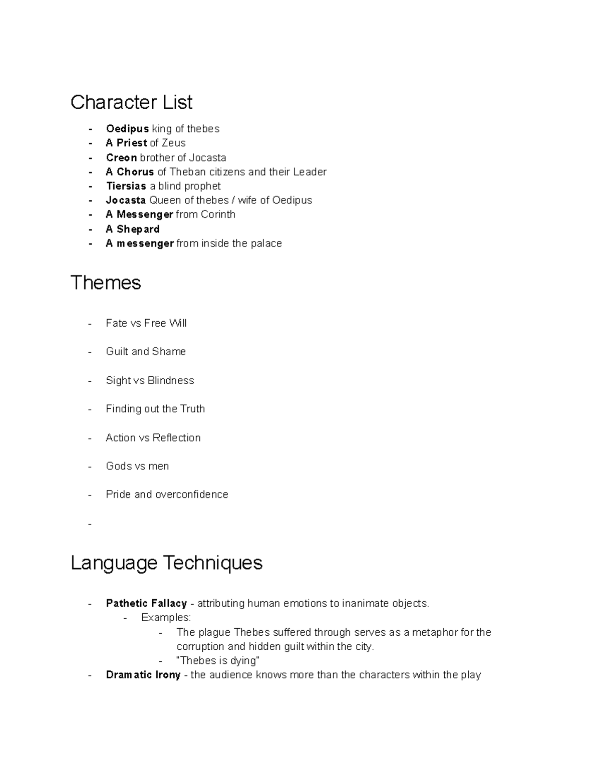 Oedipus: Character and Theme Analysis for ENG 101 Final Exam - Studocu