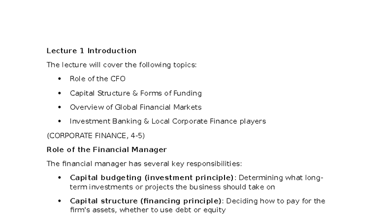 Corporate Finance Lecture 1: Introduction to Key Concepts and ...