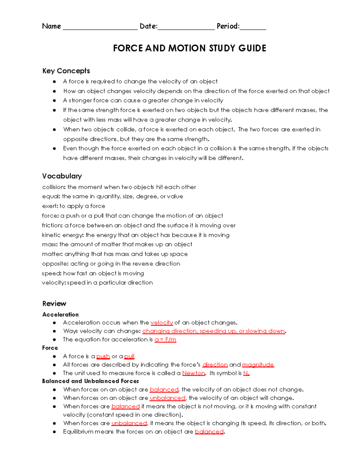 Force and Motion Study Guide (2026) - Key Concepts and Practice - Studocu