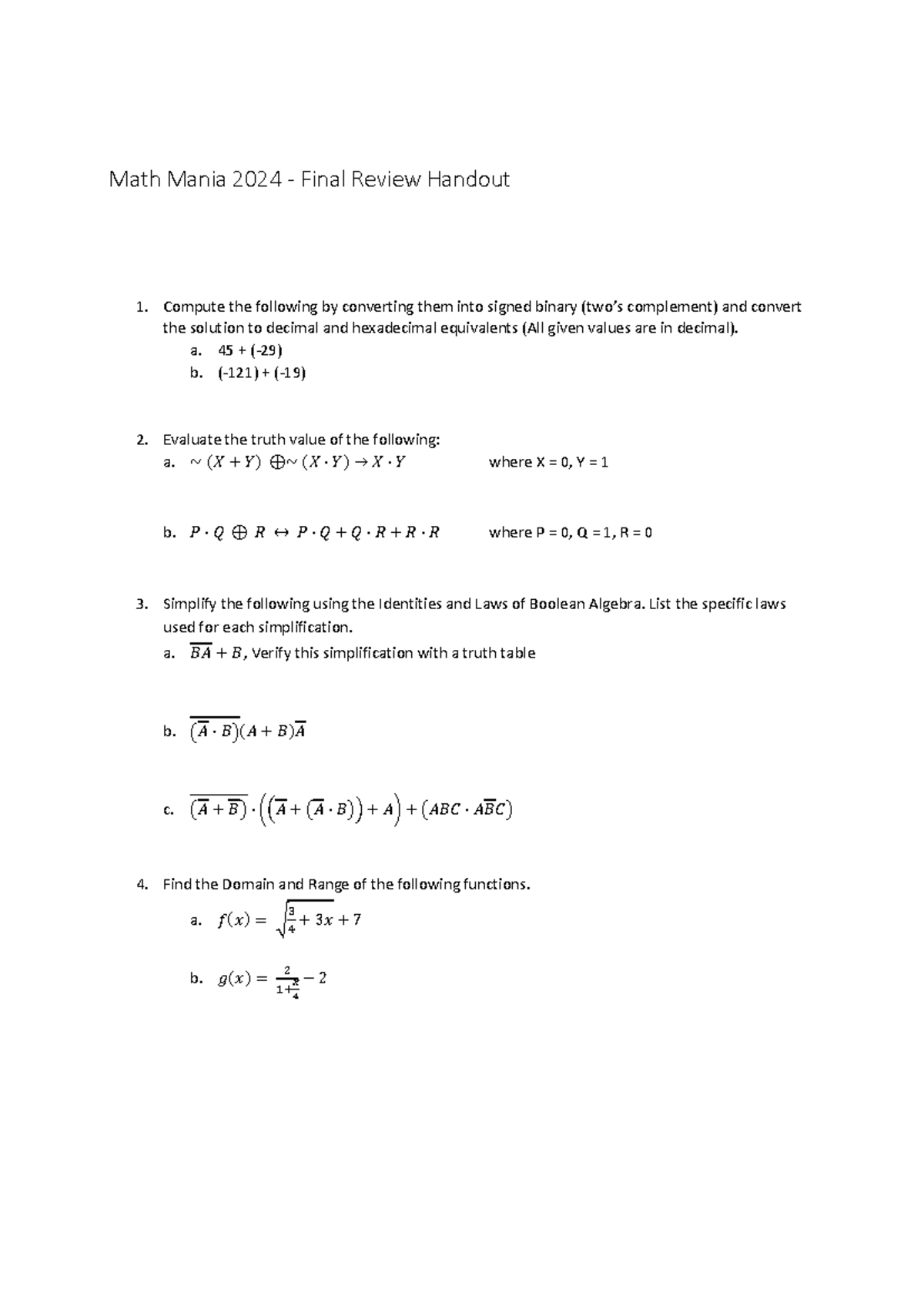 Final Exam Worksheet - Math Mania 2024 - Final Review Handout Compute ...