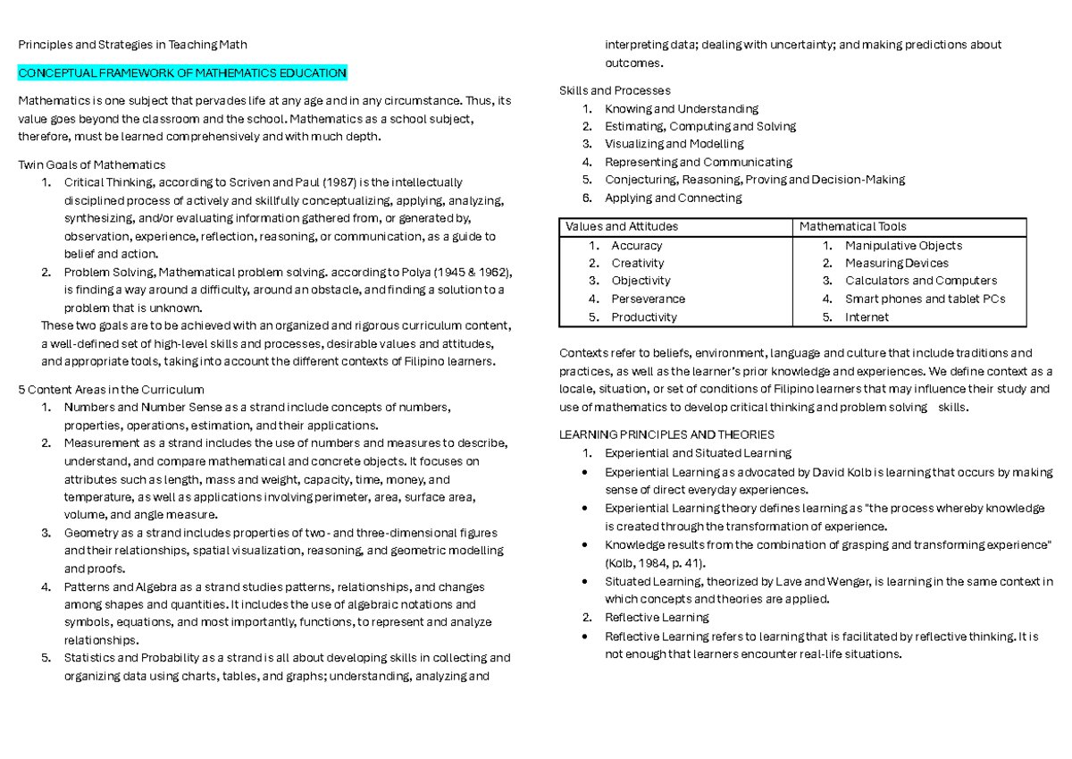 Teaching Strategies and Principles in Math Education (EDU 101) - Studocu