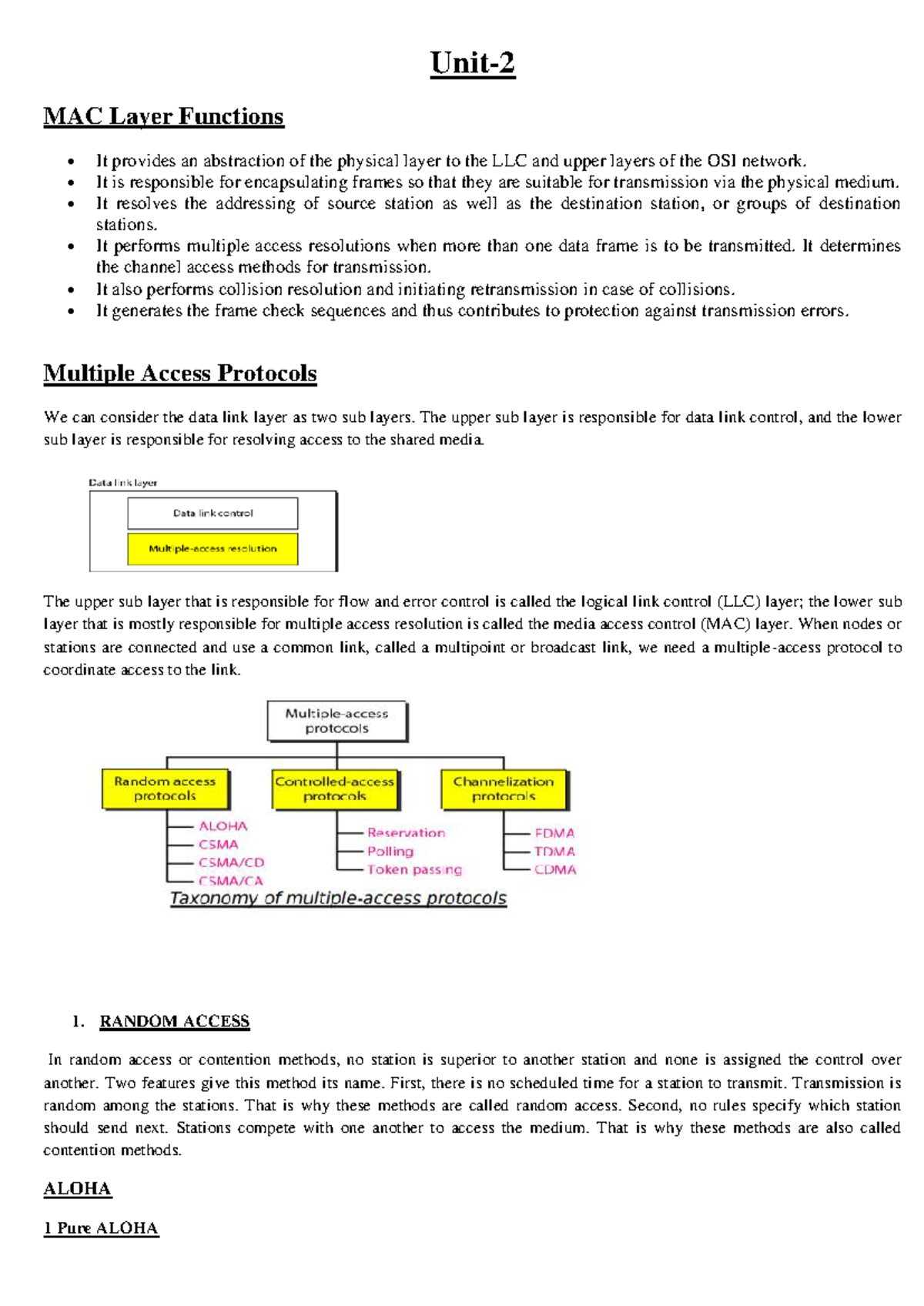 Unit 2 CN - MAC Layer Functions and Protocols in Computer Networks ...