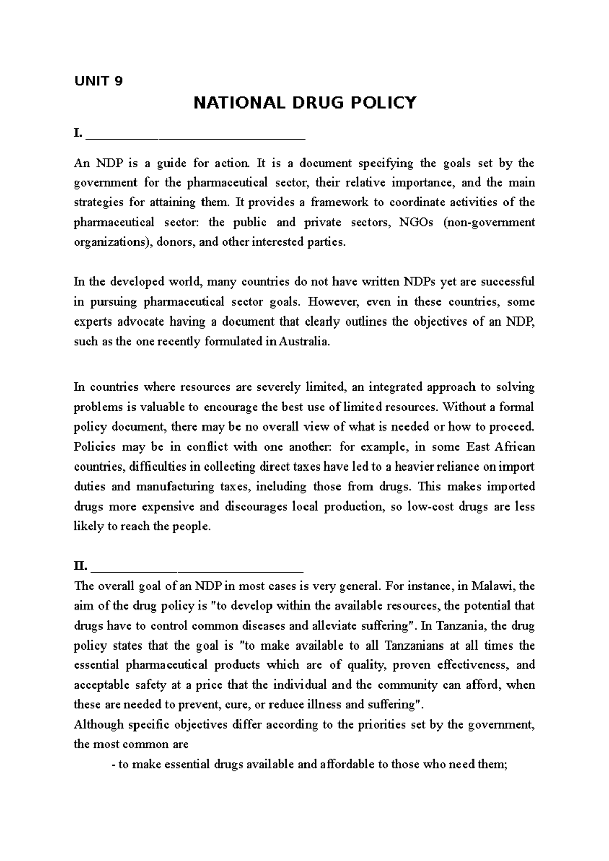 UNIT 9 - Unit 9 - UNIT 9 NATIONAL DRUG POLICY I ...
