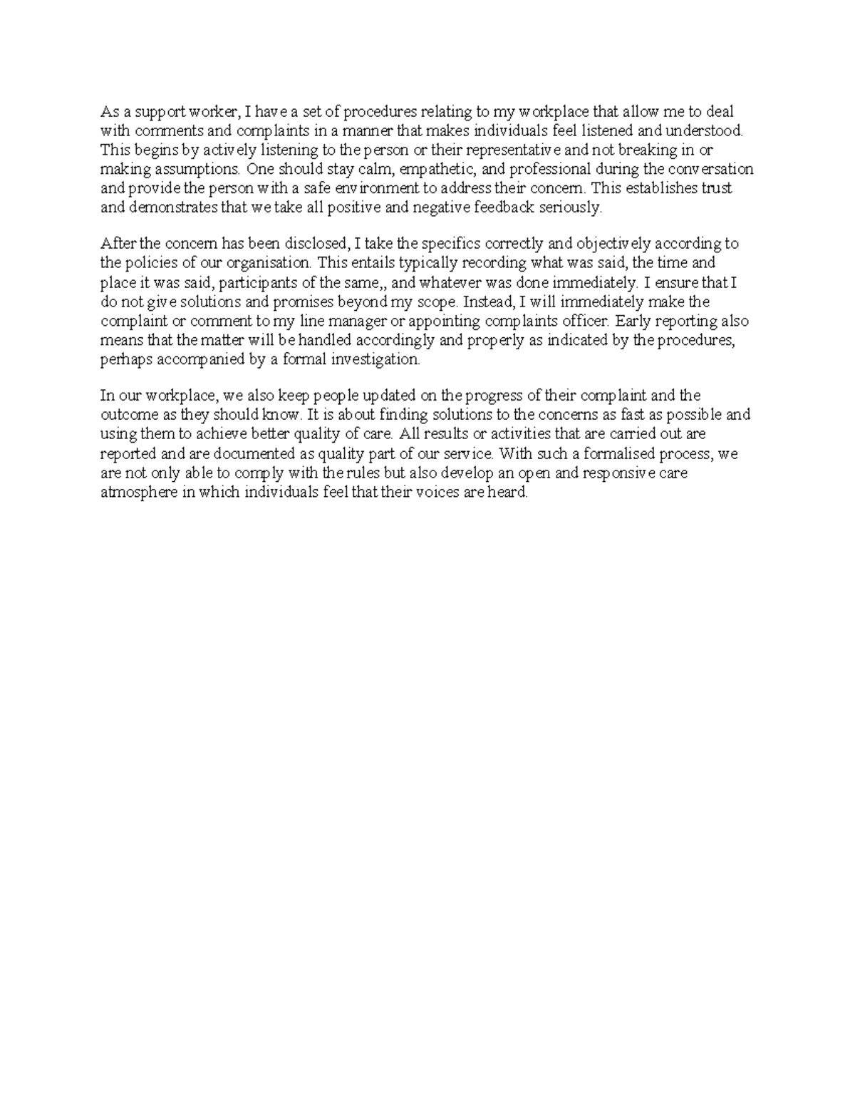 Support Worker Procedures for Handling Complaints and Feedback - Studocu