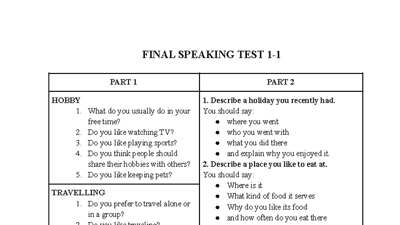 EE CUE CARD Final Speaking Test: Topics & Questions - Studocu
