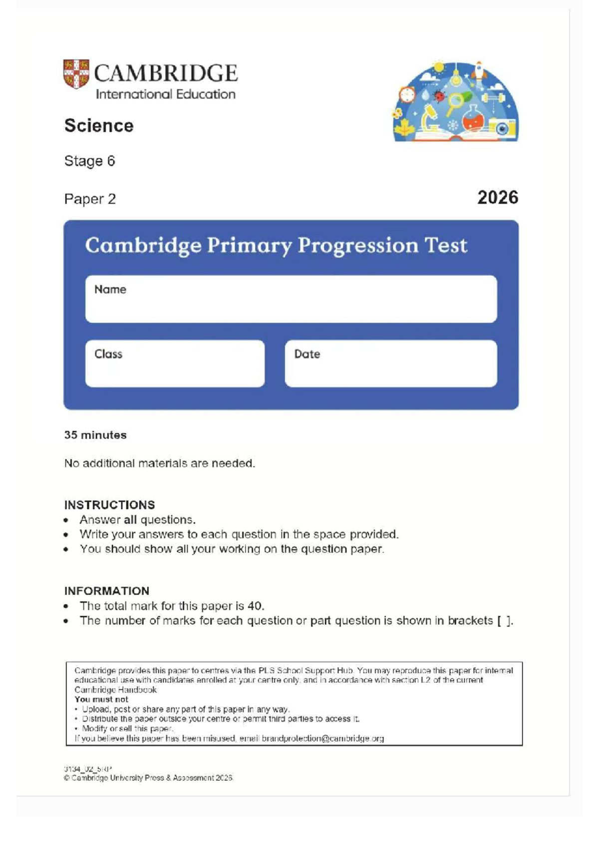 Science Progression Test Stage 6 Paper 2 2026 - Studocu