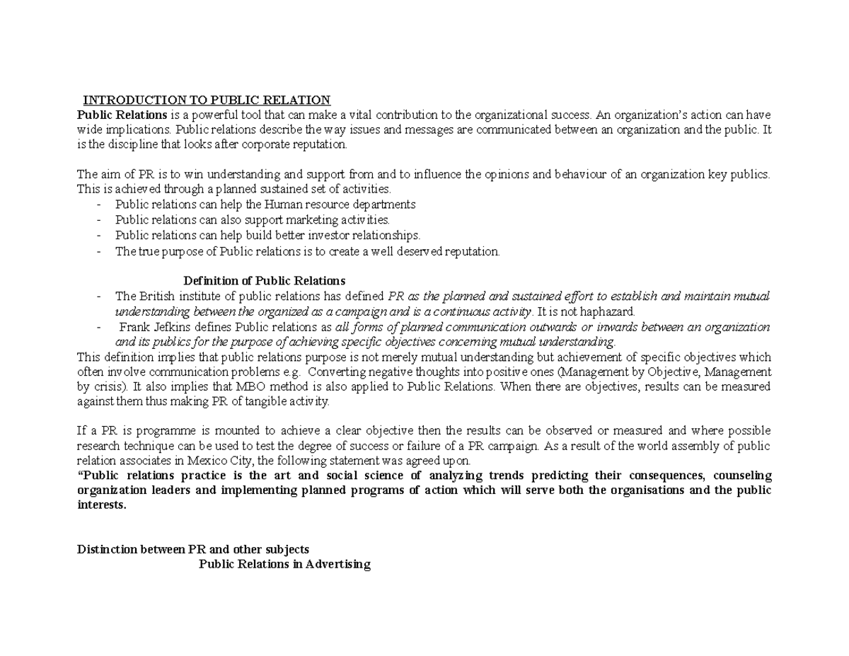 PUBLIC RELATIONS - INTRODUCTION TO PUBLIC RELATION Public Relations is ...
