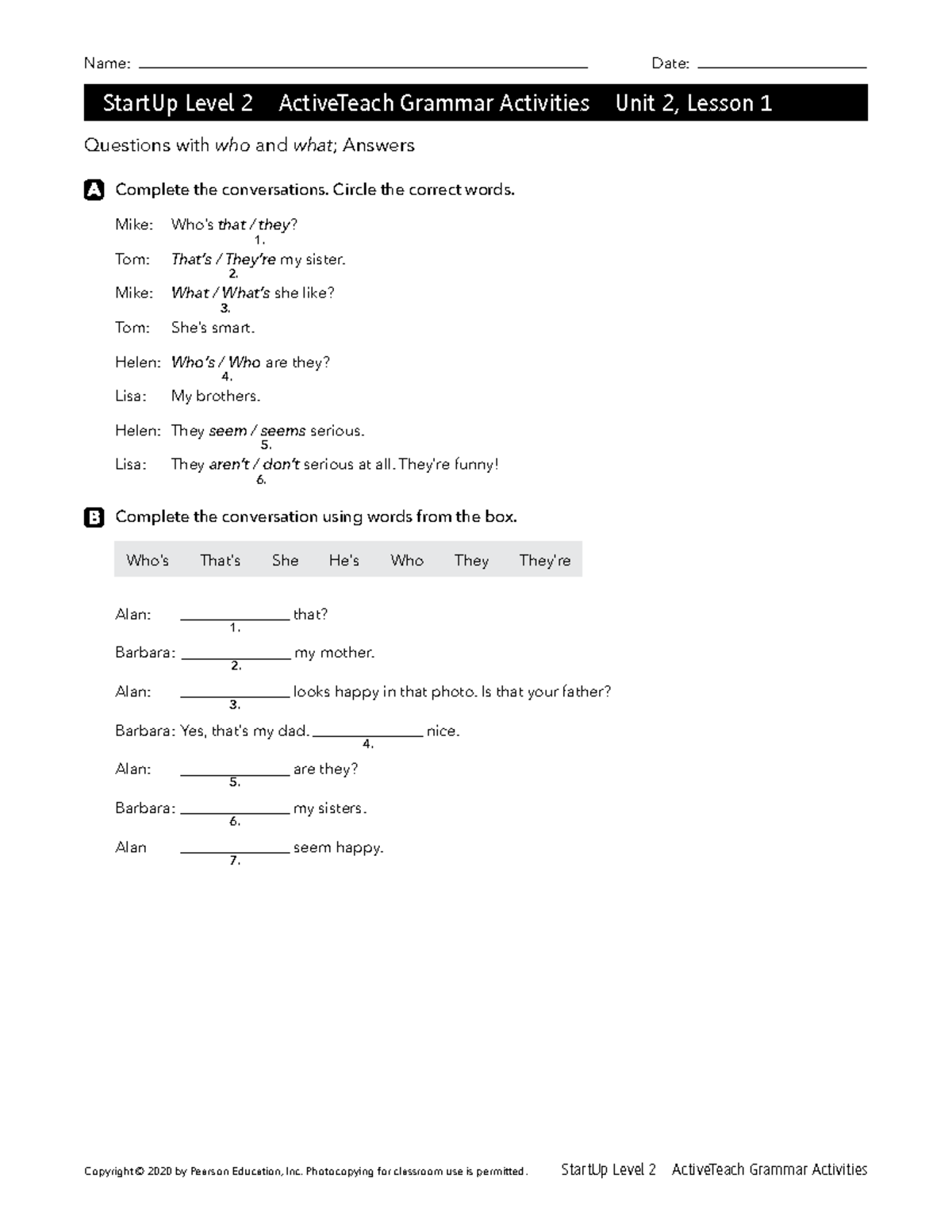 StartUp 2 Grammar Activities: Unit 2 Lessons on Questions and ...