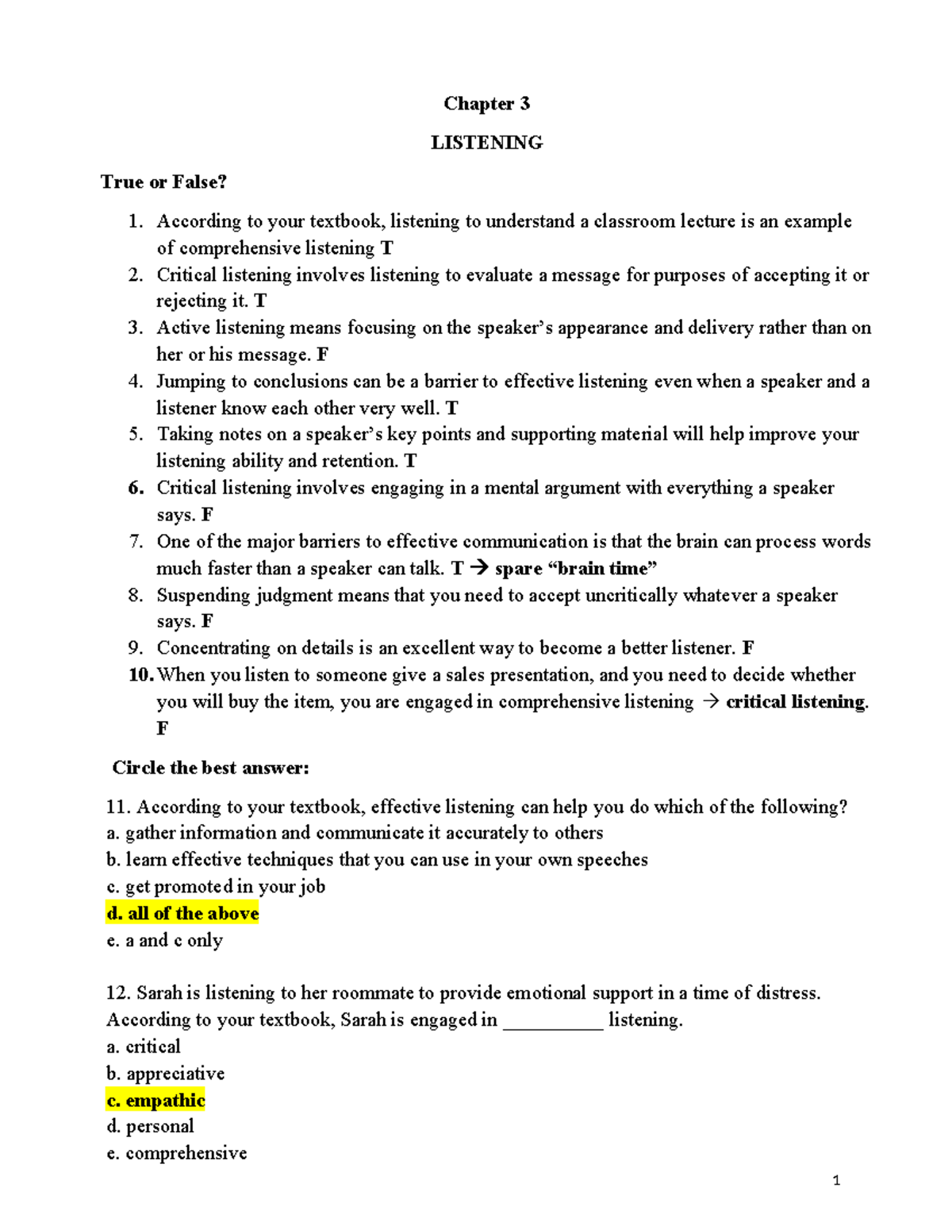 Chapter 3 Listening Skills: True or False Quiz Analysis - Studocu