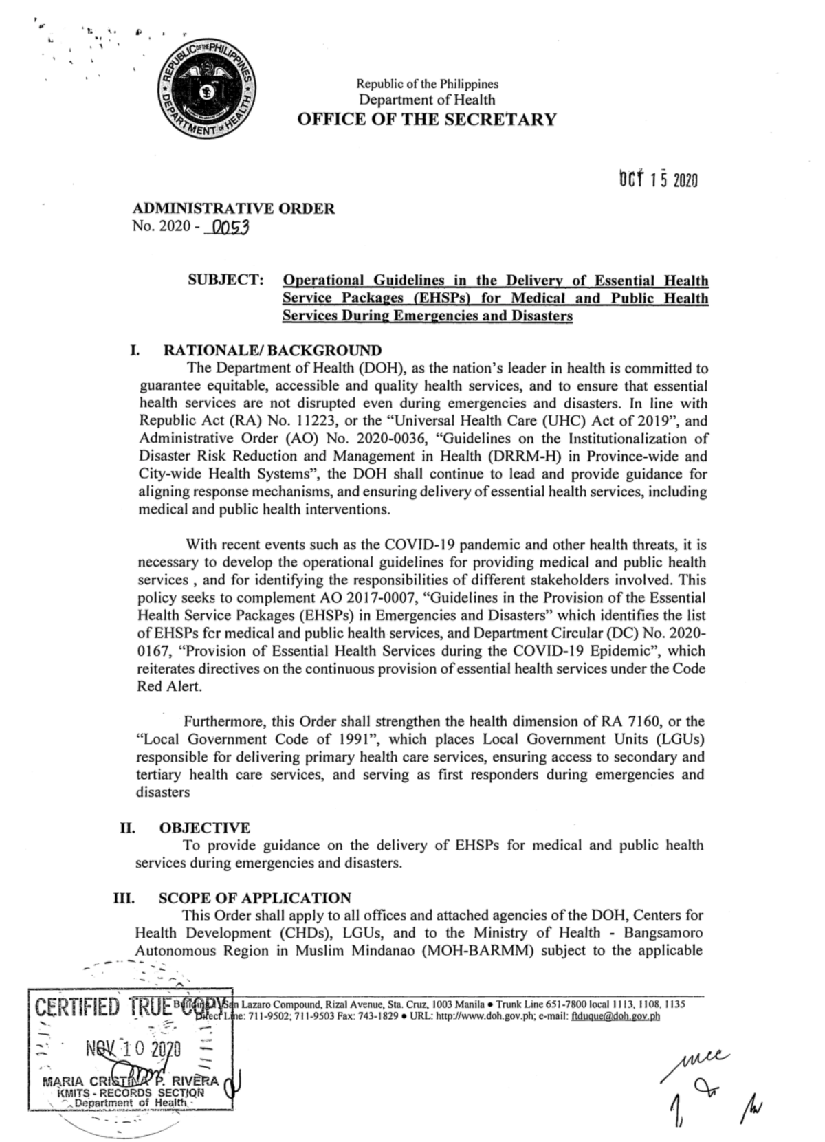 Operational Guidelines for EHSPs during Emergencies (DOH AO 2020-0053 ...