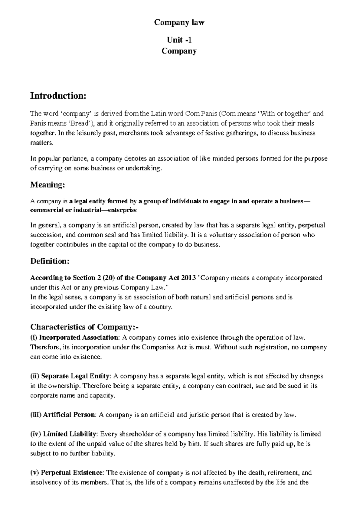 CL unit-1 - Ssjsisbsjka sbsjsjsn - Company law Unit - 1 Company ...