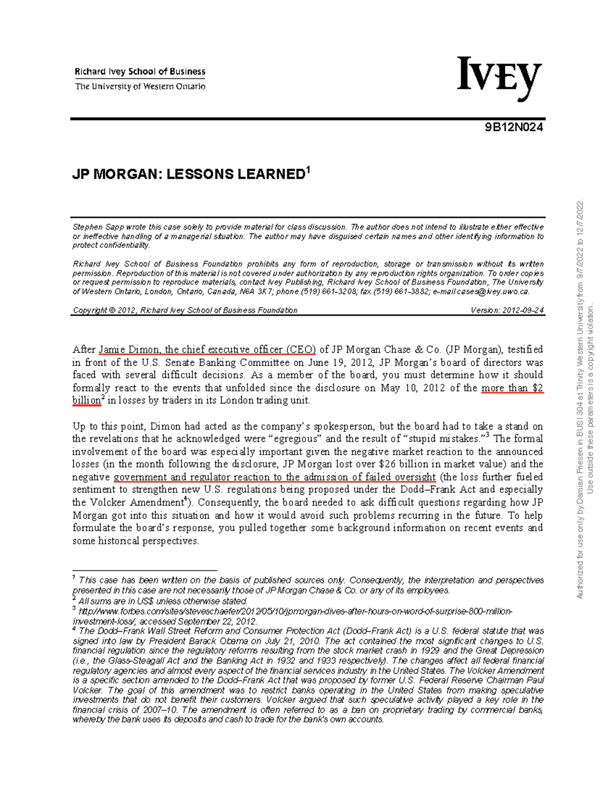 BUSI 304: JP Morgan Case Study - Lessons Learned from the London Whale - Document Preview