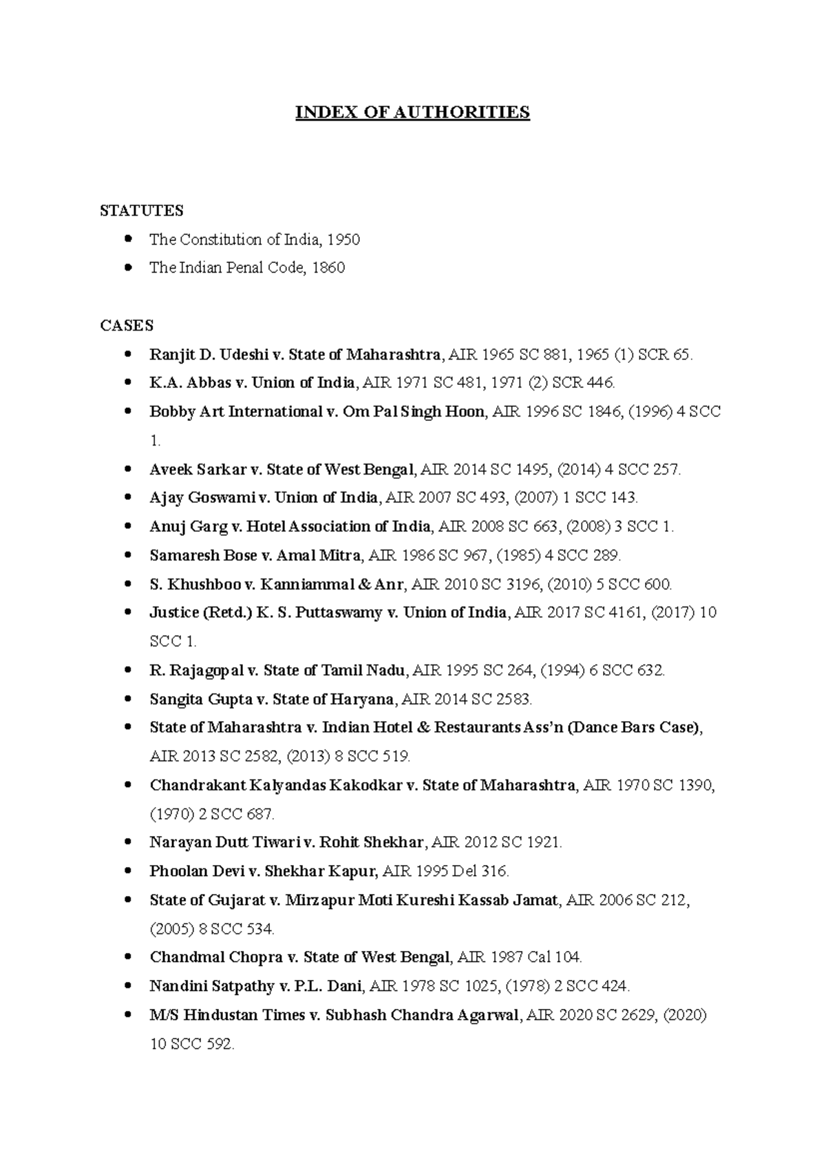 Moot Court Sample Index of Authorities and Statutes - Studocu