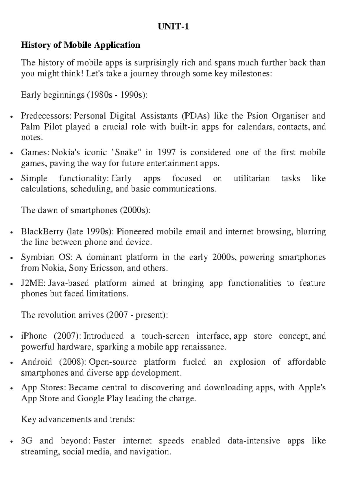 Unit 1: Overview of Mobile App Development History & Concepts - Studocu