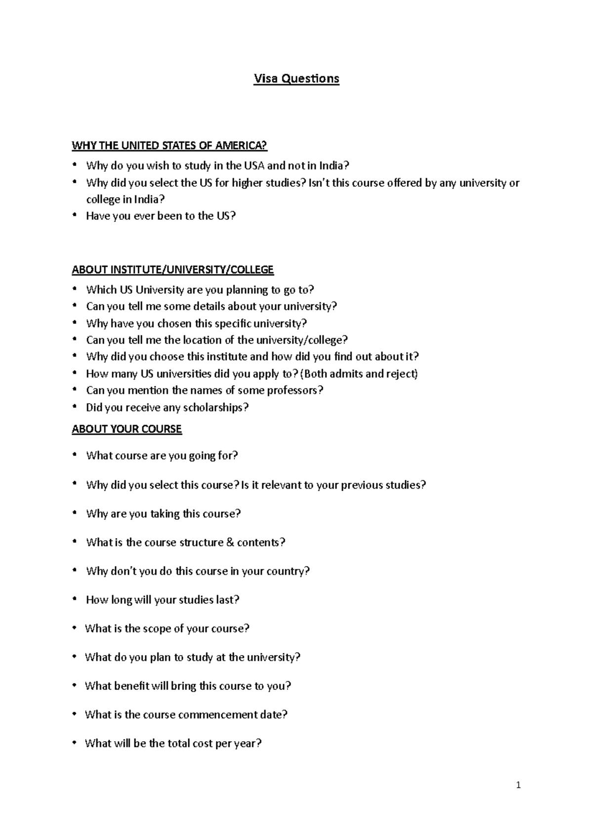 Visa Interview Questions for Studying in the USA - Studocu